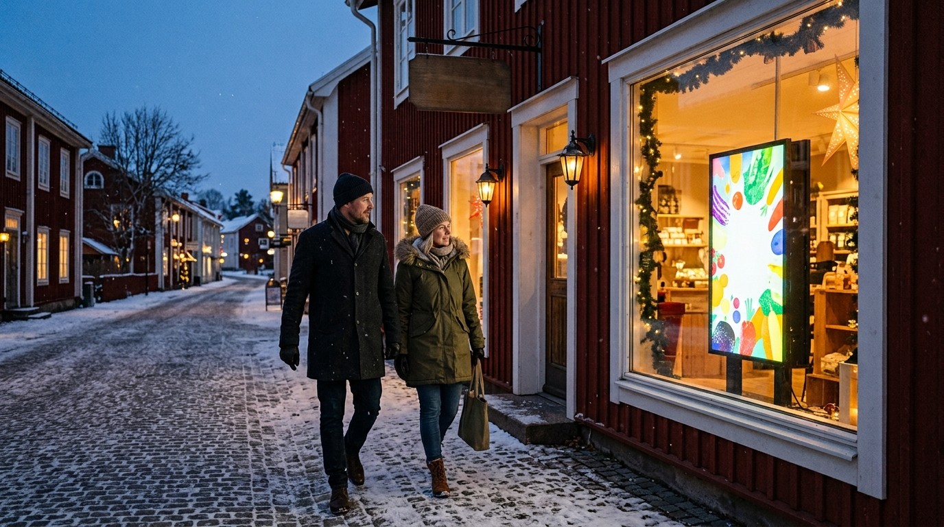 Digital skärm i ett skyltfönster på en svensk gata vinterkväll