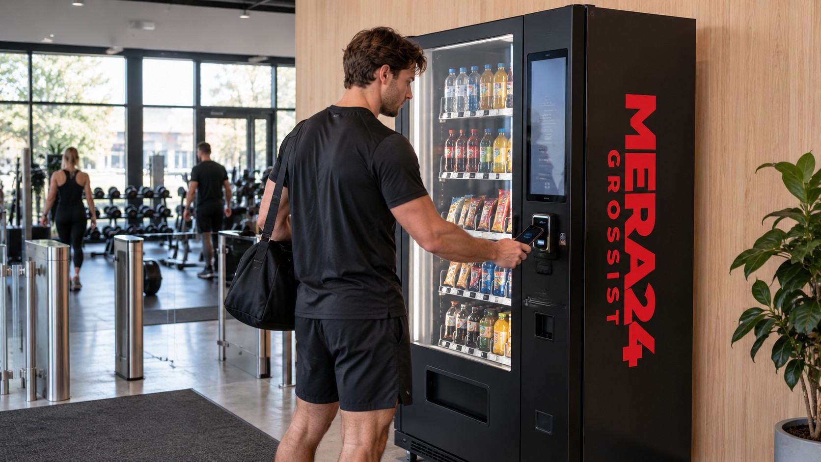 Varuautomat med Mera 24-logga i entrén till ett gym